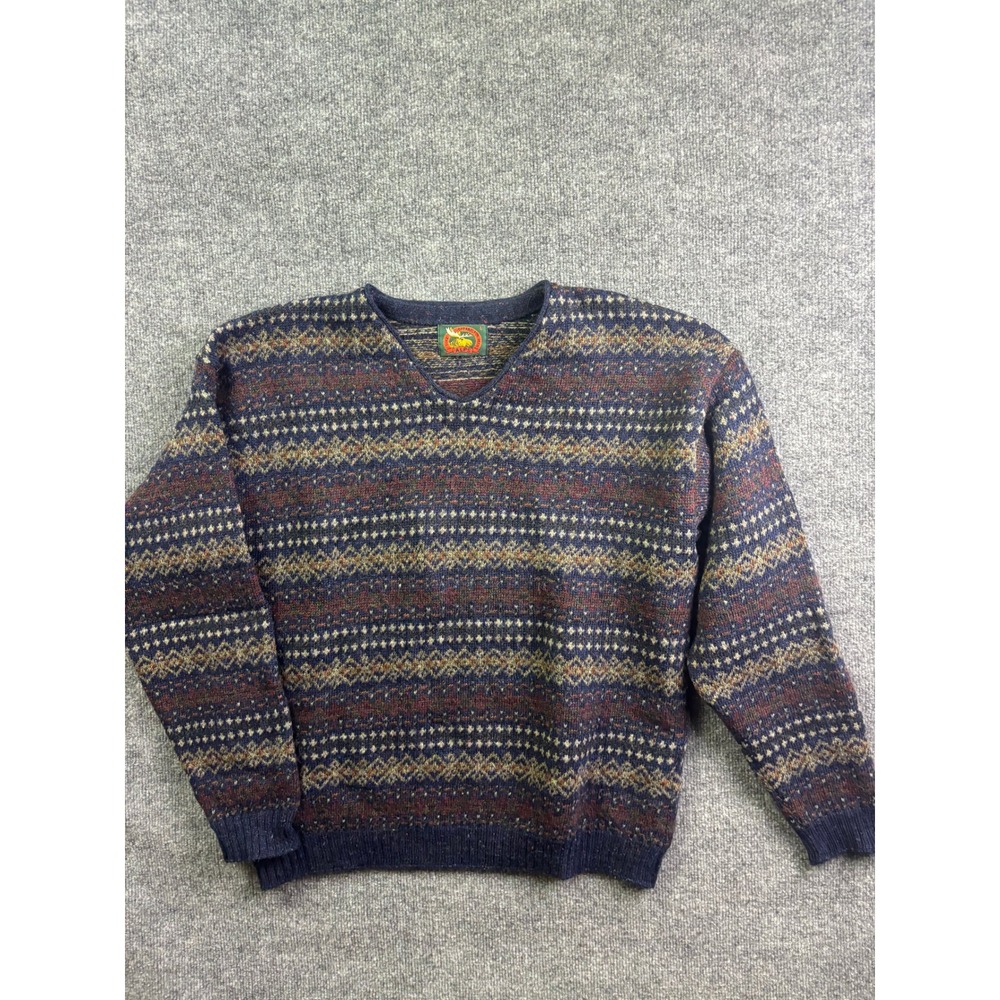 Alps V-Neck Sweater Mens Large Blue Fair Isle 100% British Wool Vintage USA Made
